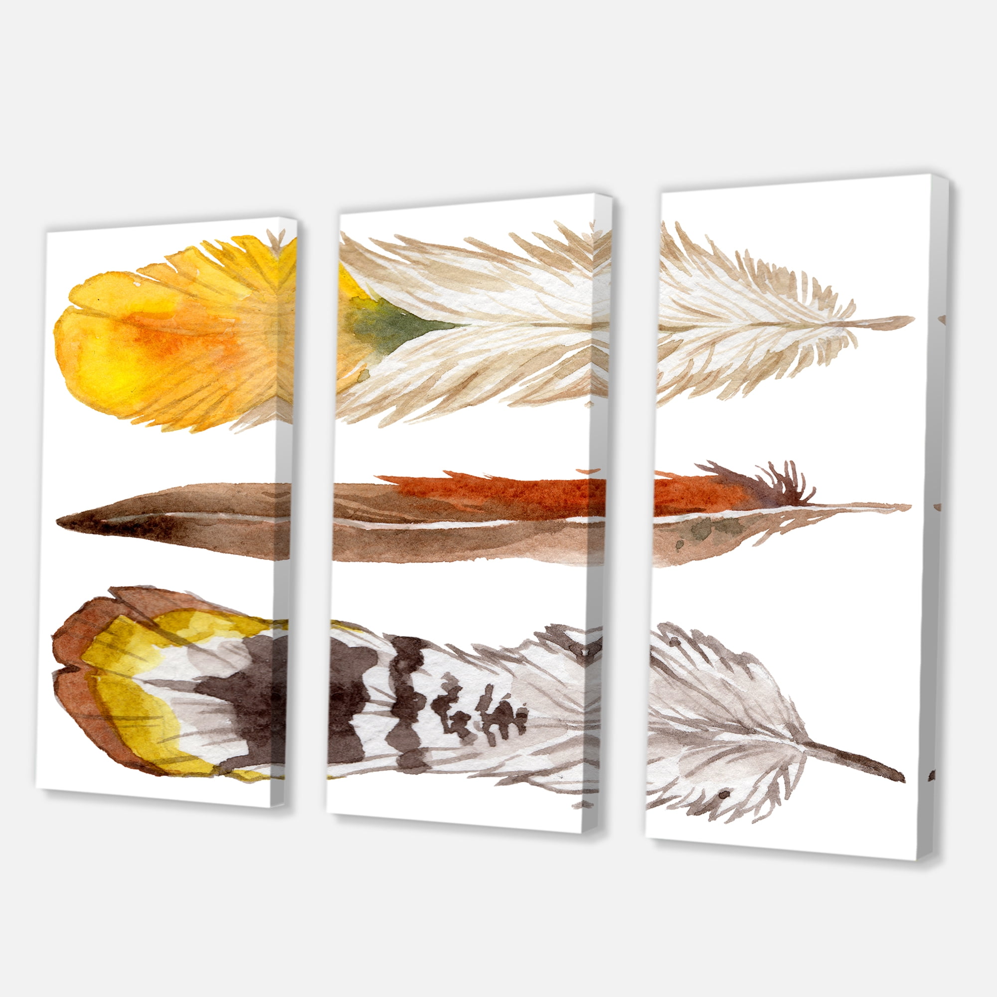 Designart ' Ethnic Yellow Feather From Wing On White ' Bohemian & Eclectic Canvas Wall Art Print