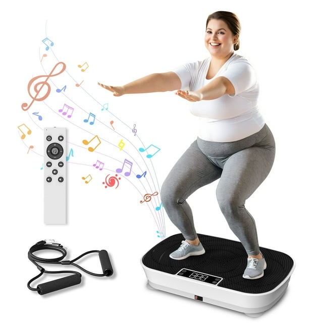 COOLHUT vibrating plate exercise machine in black, ideal for weight loss, shaping, and conditioning. The image shows a person performing a squat on the vibration plate, which features an LED touch screen and a compact design. Accessories include a remote control and resistance bands. Musical notes in the background highlight its therapeutic and engaging workout experience. This vibration plate is suitable for fitness enthusiasts seeking to enhance muscle strength, bone density, and blood circulation.
