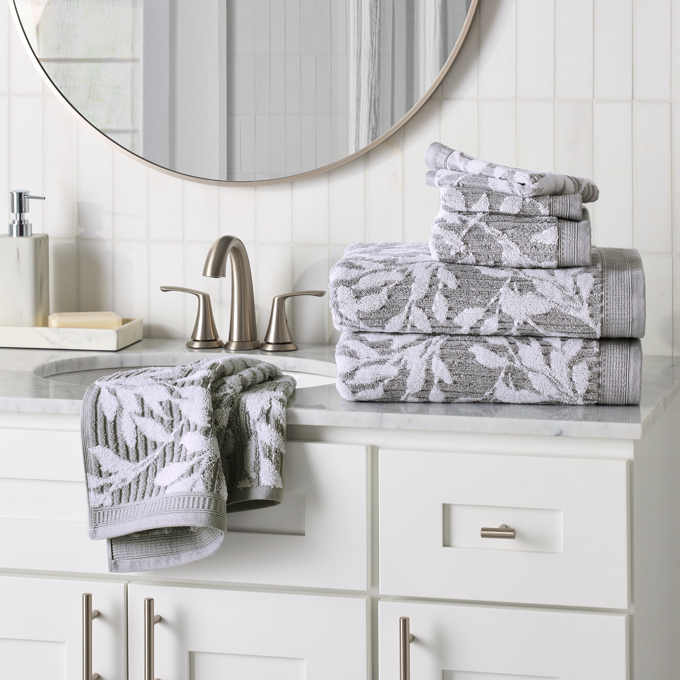 Better Homes & Gardens Signature Soft Floral 6 Piece Towel Set,Soft Silver/Arctic White