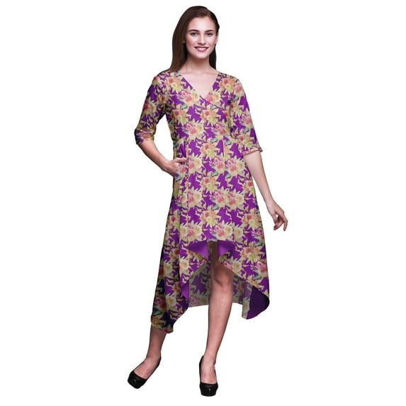 Bimba Cotton Purple Leaves & Ranunculus Floral Printed Ladies Asymmetrical Pocket Shift Dress Short Sleeve V Neck Midi Dress-Large