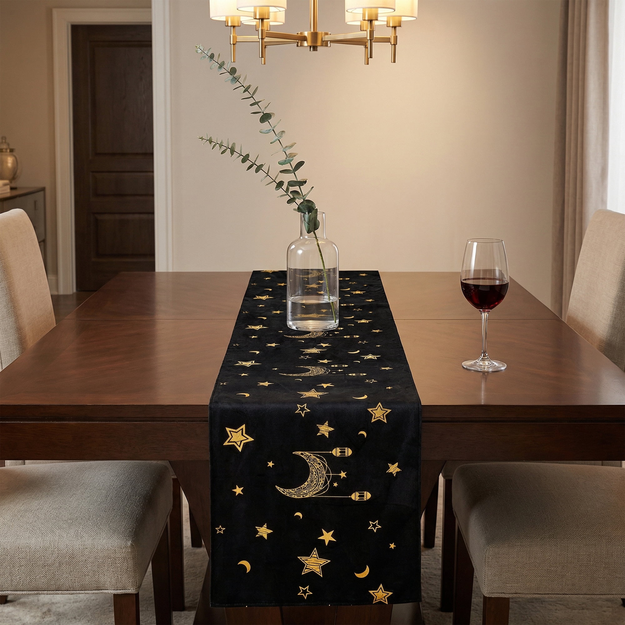 Unique Bargains Long Printed Polyester Table Runner for Decorations Black 13"x106.3"