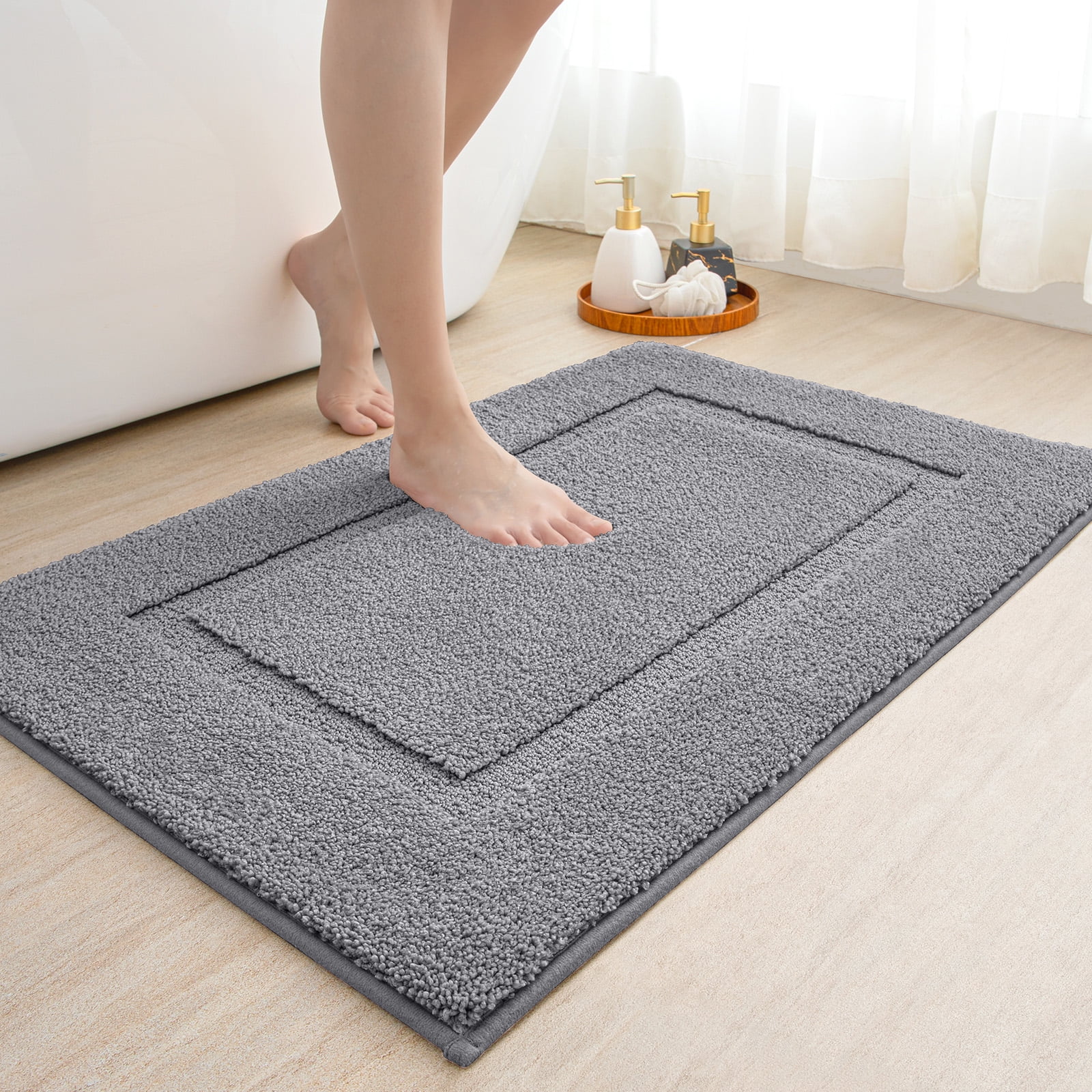 OEAKAY Traditional Shag Bath Mat, Dark Grey Soft Microfiber Bathroom Rug for Bathroom Floor, 16"x24", Machine Washable, Super Absorbent and Non-Slip