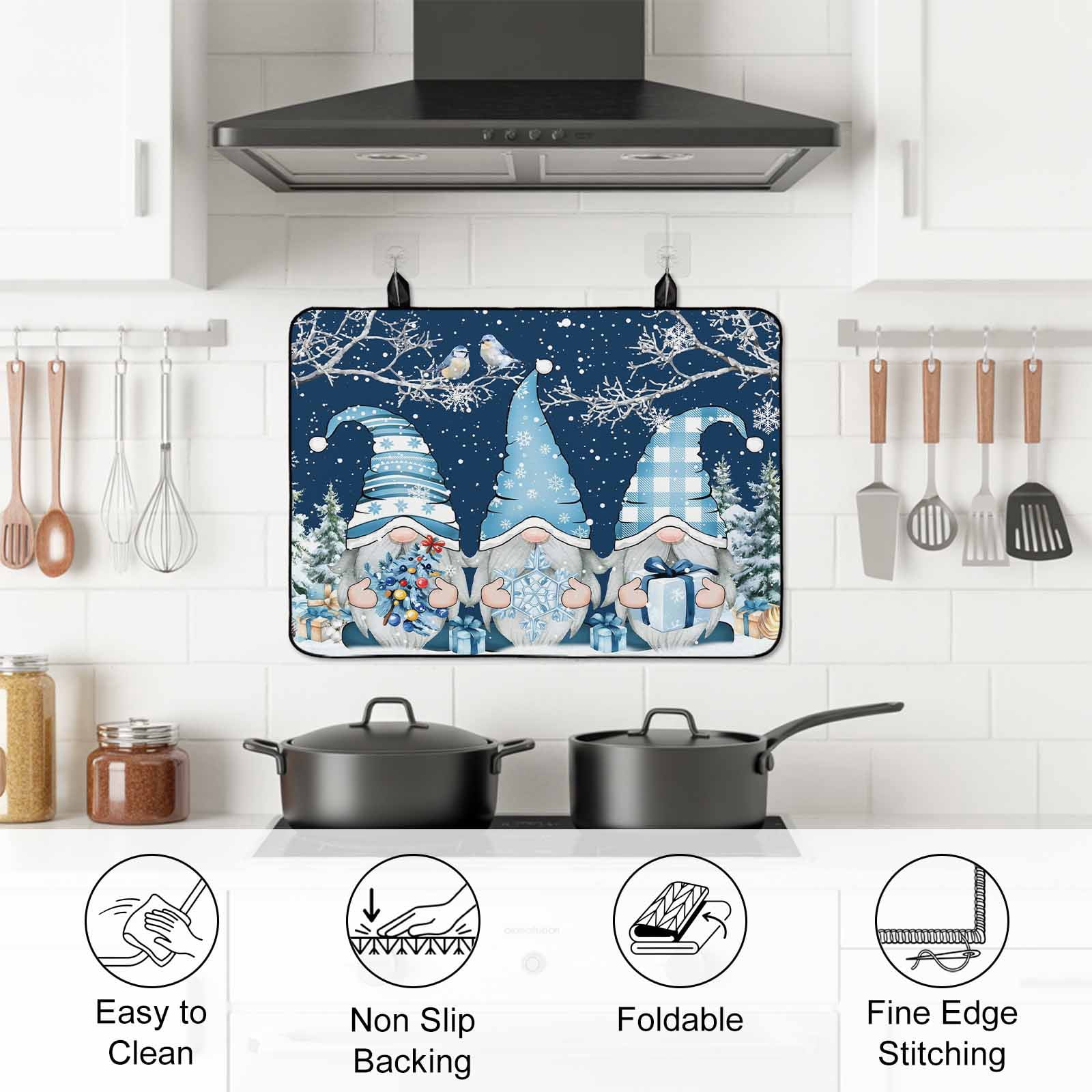 Navy Blue Gnomes Christmas Stove Top Cover for Electric Stove, Heat-proof & Non Slip Glass Top Stove Cover Protector, Snowflake Xmas Tree Winter Branches Kitchen Flat Cooktop Rubber Mat 24x21 Inches
