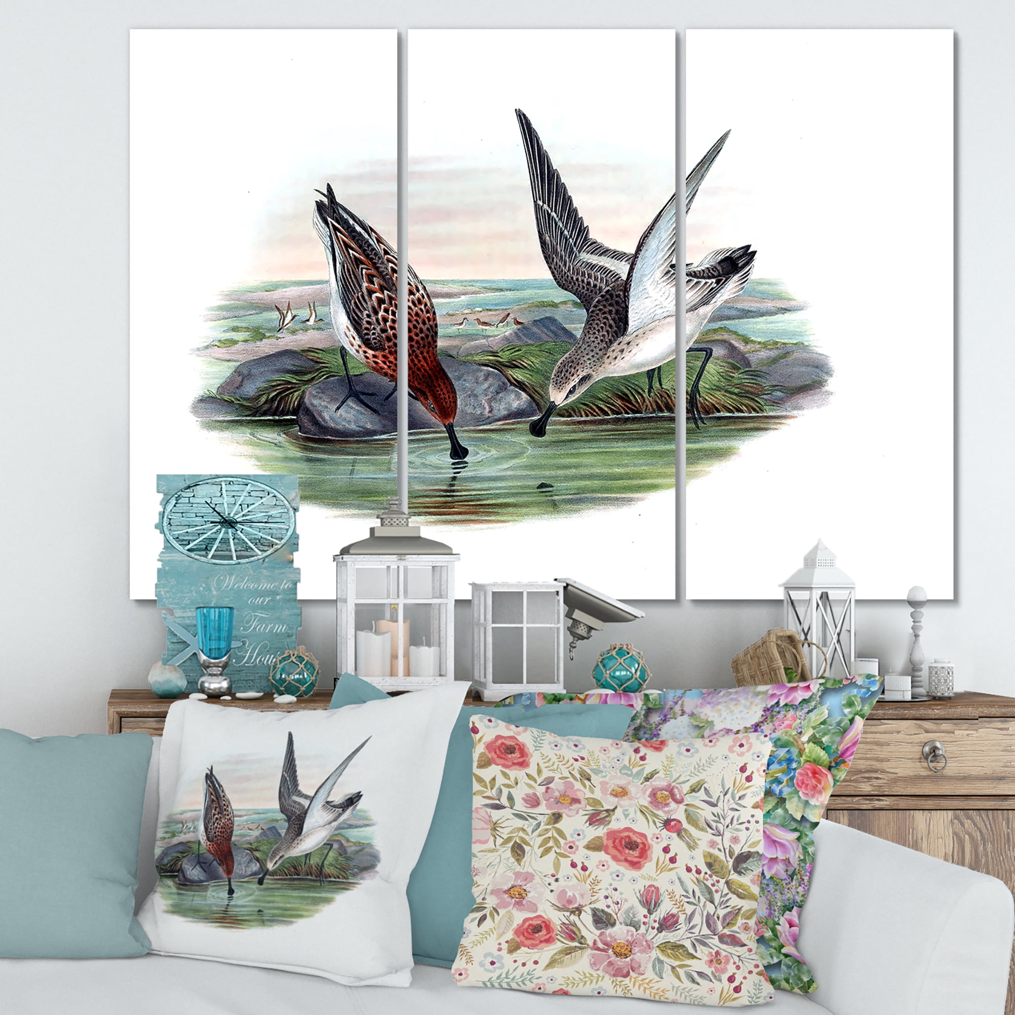 Designart ' Vintage Countryside Two Birds In Lake ' Farmhouse Canvas Wall Art Print