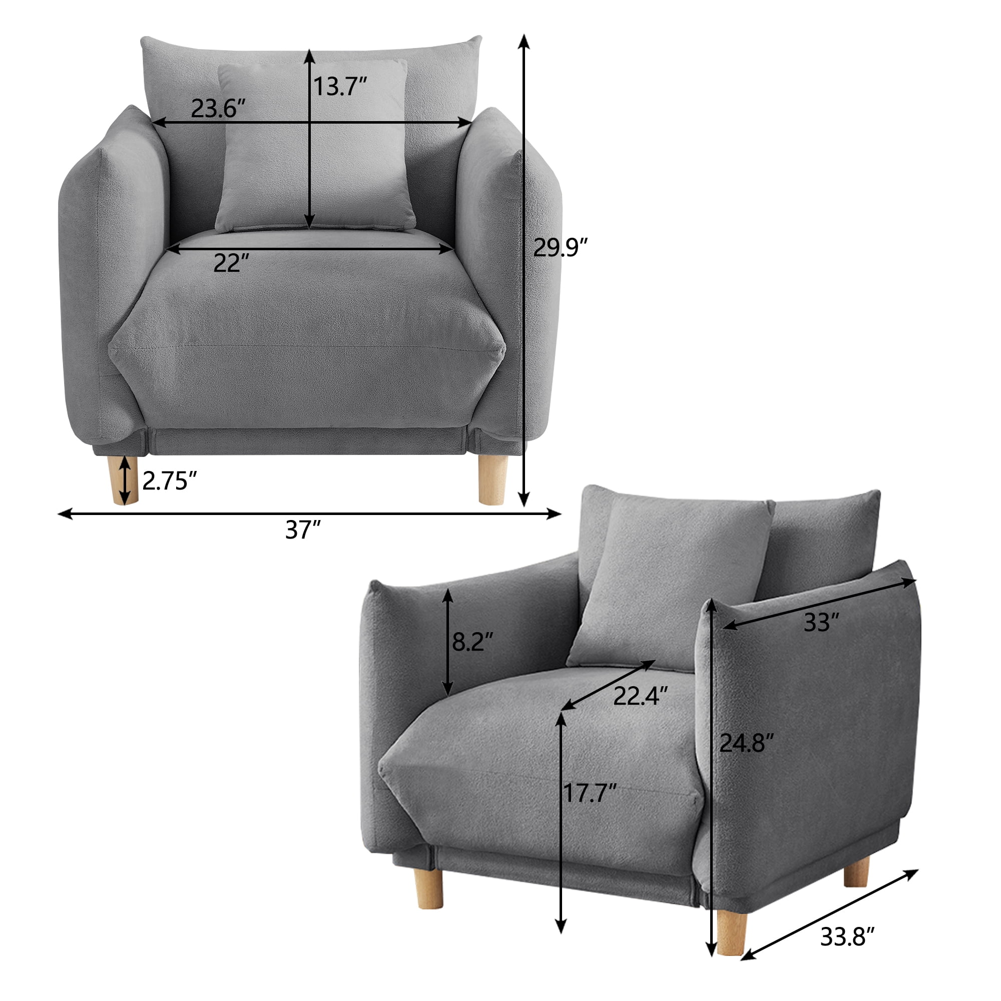Oversize Accent Chairs for Living Room,Comfy Towelling Fabric Upholstered Armchair,Mid Century Modern Reading Arm Chair Single Sofa Chair with Solid Wood Legs for Living Room Bedroom Playroom,Gray