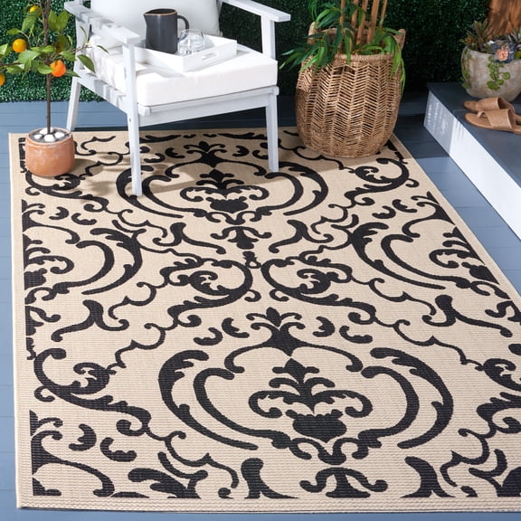 Safavieh Courtyard Dara Damask Indoor/Outdoor Area Rug, Sand/Black, 8' x 11'