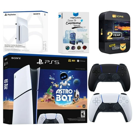 Sony PlayStation 5 Astro Bot Slim Digital Bundle with Disc Drive, Extra Controller, MightySkins Voucher and 2 Year Extended Warranty - Midnight Black
