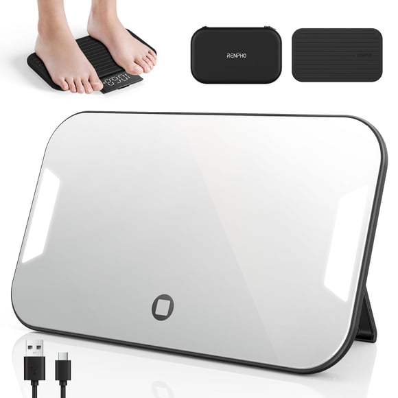 Báscula portátil recargable RENPHO con espejo de maquillaje de viaje, pantalla LED deslizable, báscula de viaje pequeña para pesarse, báscula digital de alta precisión para viajes, 400 lb, Core Go, 8.