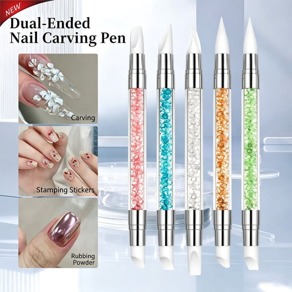 5 Pcs Silicone Nail Tools Dual Tipped Nail Art Sculpture Pen Rhinestone Nail Polish Carving Pen Rubber Tip Nail Brushes for Mirror Powder Sculpting Sticker Transfer, DIY Home Salon Nail Art Supplies