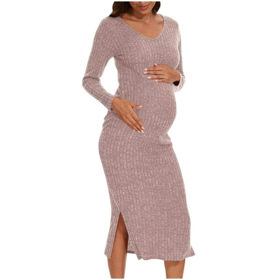 Diufon Women's Maternity Long Dress Long Sleeve V Neck Knitted Dress Pregnant Fall Winter Basic Slit Dress