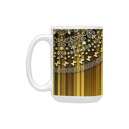 

Yellow Mandala Vertically Striped Pattern with a Fragment of Antique Retro Mandala Green Yellow Blue Ceramic Mug (15 OZ) (Made In USA)