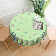Floral Frame With Dragonflies Round Tablecloth Polyester Waterproof & Washable 60 Table Cloth Indoor and Outdoor for Kitchen Dining Party Picnic Table Cover