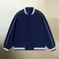 thumbnail image 2 of Daiosportswear Women's Varsity Bomber Jacket Snap Button Casual Striped Ribbed Trim Contrast Piping Baseball Coat with Side Pockets Navy, 2 of 4