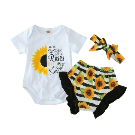 

LBECLEY Girls Cropped Pants Baby Boys Girls Clothes Summer Short Sleeve Letter Sunflower Romper Tops Floral Ruffle Shorts Headband Outfits Set Baby Gift Packages Girls White 80