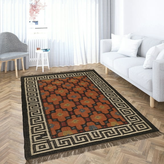 Kilim Wool Jute Rug – Handwoven Southwestern Area Rug with Tribal Geometric Pattern & Fringe 3 X 5 FEET