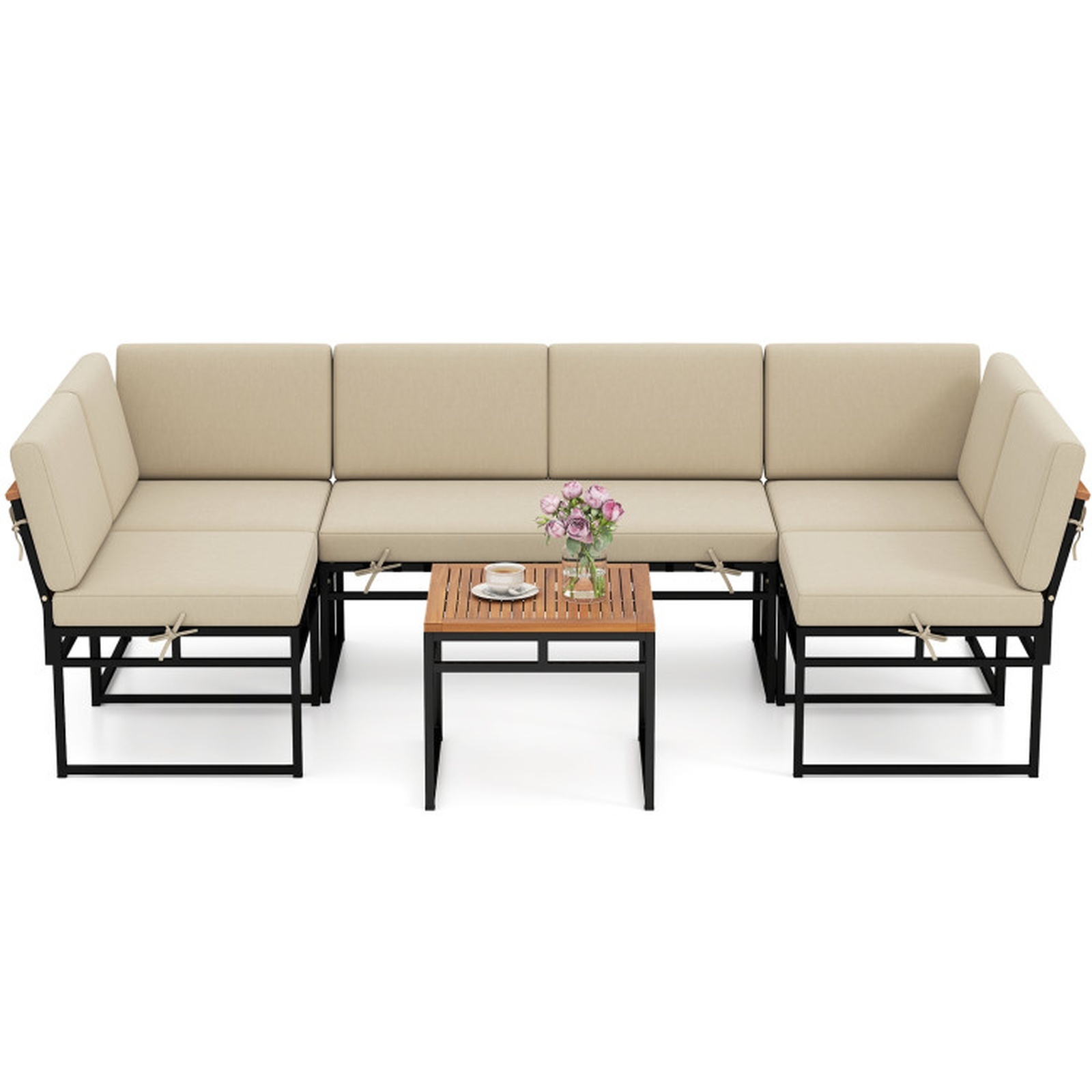 Furnibear 6 Piece Outdoor Sectional Sofa Set Metal Acacia Wood Patio Conversation Set with Cushions and Coffee Table for Backyard Garden, Beige