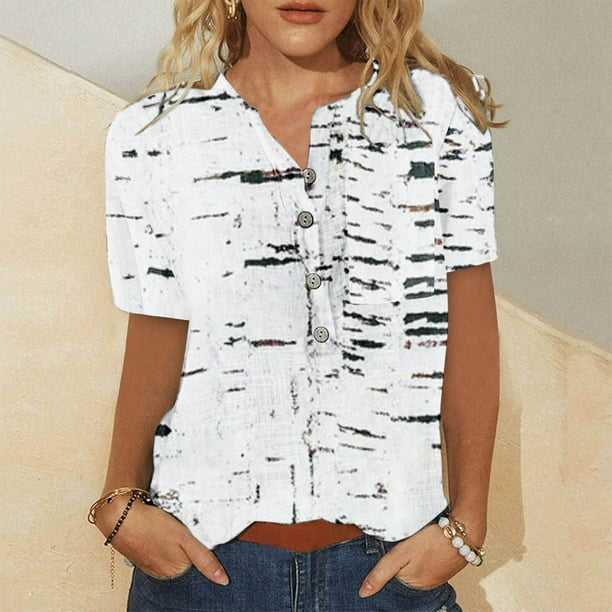 ICHUANYI Clearance Fashion Women Round Neck Short Sleeve Print Button Pocket Casual Tops(White, XXL) ICHUANYI WER2023081200327