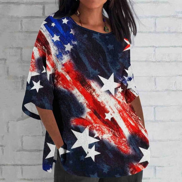 Fiudx Ofertas Del Día Blusa Holgada de Algodón Estampada con Manga 3/4 Informal a La Moda para Mujer