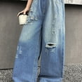 thumbnail image 2 of Ruyang Baggy Ripped Jeans for Girls Vintage Wide Leg Denim Pants with Pockets Teen Kids Fall Streetwear Y2k Straight Trousers, 2 of 9
