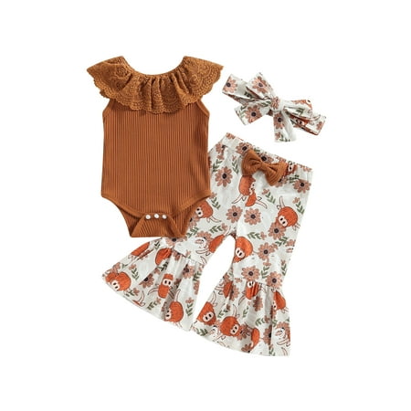 

Baby Girl Summer Outfits Short Sleeve Ribbed Romper Elastic Waist Flared Pants Headband 3Pcs Clothes Set
