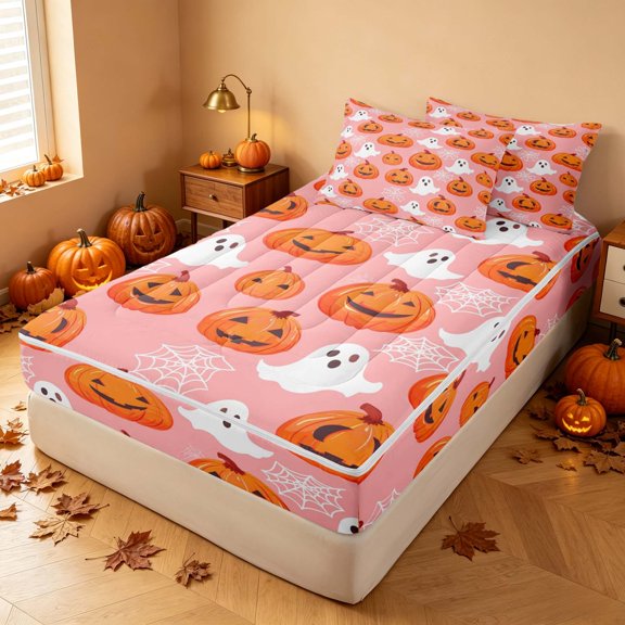 Homewish Halloween Pumpkin Zipper Twin Comforter Sets with Fitted Sheet and 2 Pillowcases for Girls, Ghost Web Zipper Bedding Set, Pink Orange White, Pink Reversible