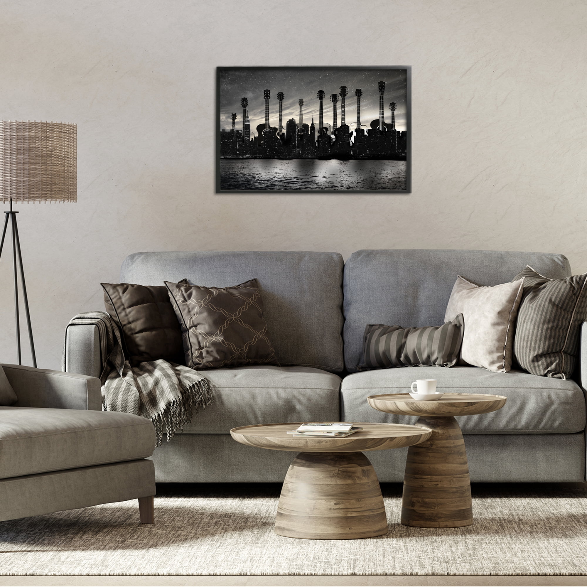 Stupell Industries Guitar Skyline Cityscape Black Framed Giclee Art, design by CAD Designs