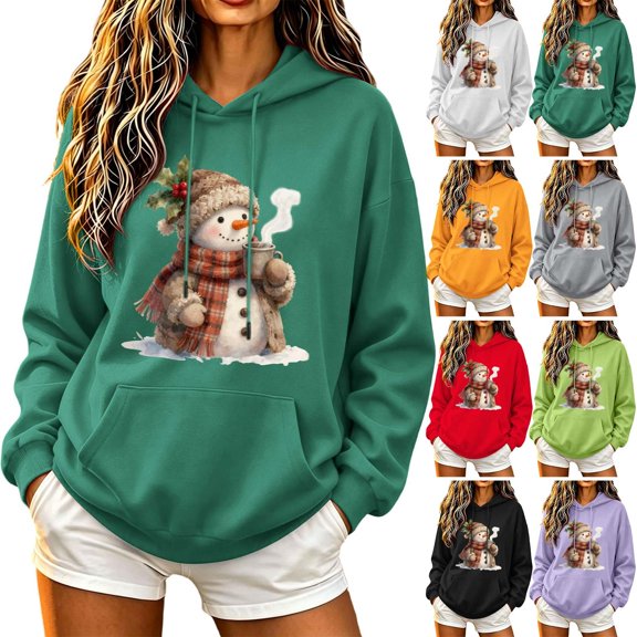 TARIENDY Hoodies for Women Cute Snowmen Graphic Pullover Sweatshirts with Pocket Lightweight Long Sleeve Xmas Hooded Sweatshirt 1-White L
