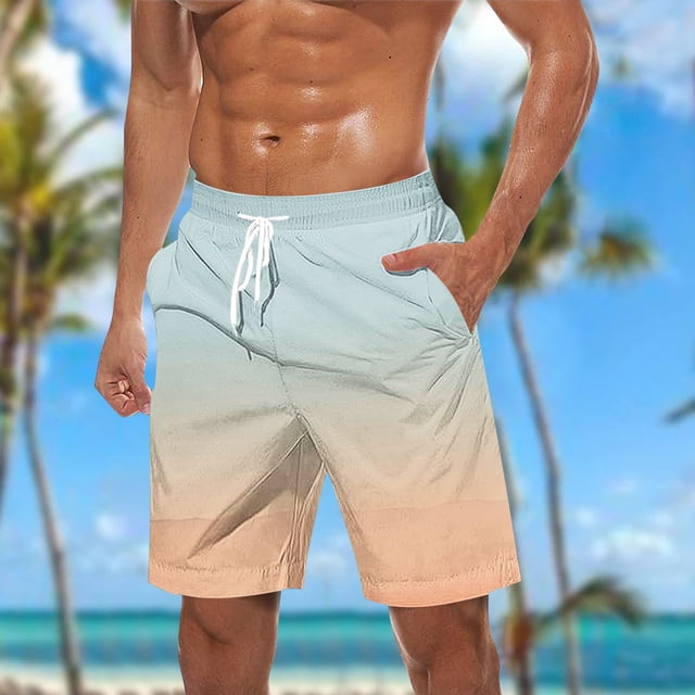 RKSTN Mens Swim Trunks Gradient Print Novel Plus Size Elastic Waistband Drawstring Comfortable Summer Beach Breathable Vacation Shorts with Pockets