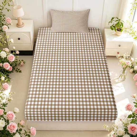 Manfei Retro Grid Twin Fitted Sheet,Rustic Forest Bedding,Brown White,2 Pieces,1 Fitted Sheet and 1 Pillowcase