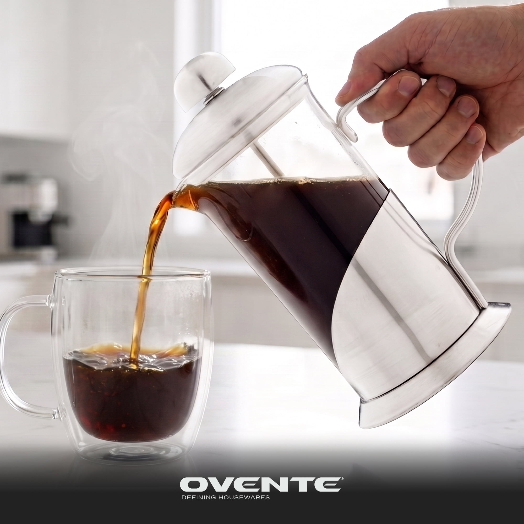 OVENTE French Press Coffee Maker 12 Ounce, 4 Level Stainless Steel Filter System & Heat Resistant Borosilicate Glass, Scoop included, Silver FSL12S