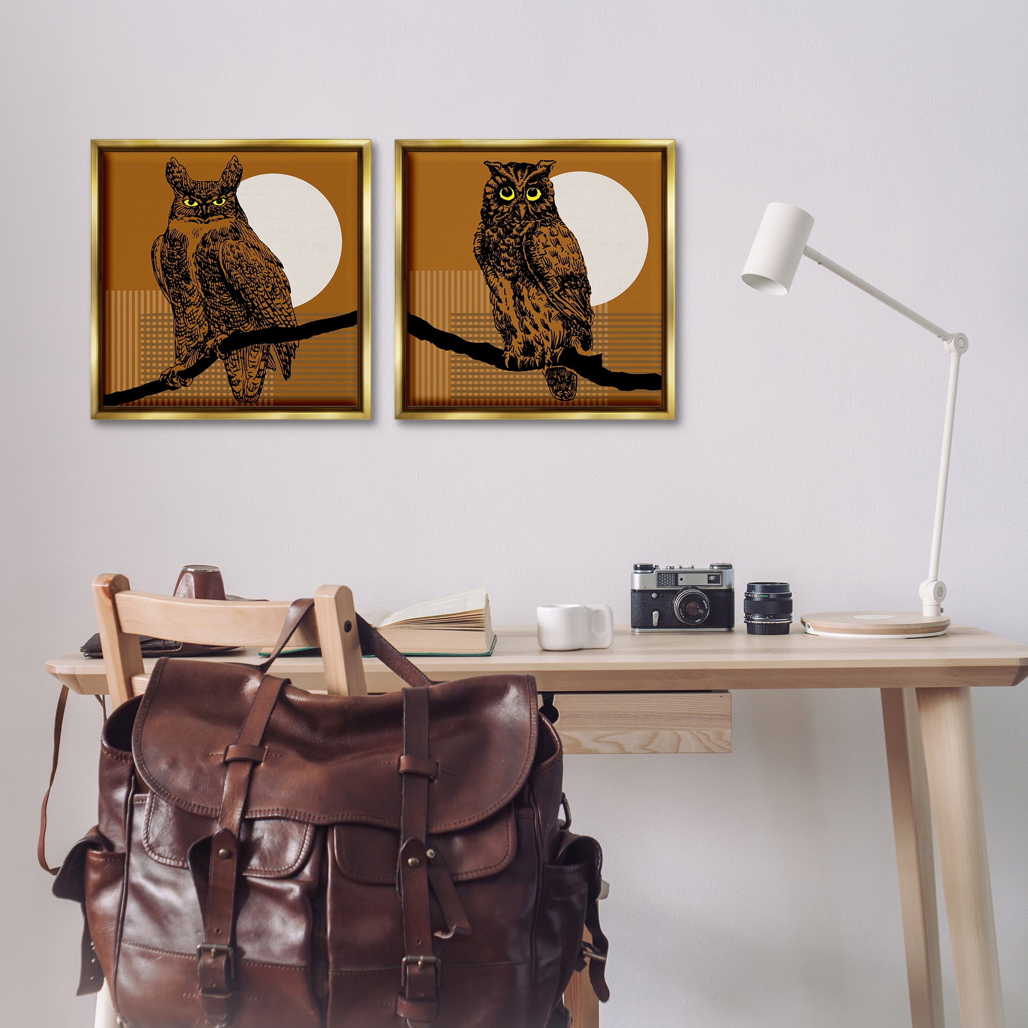 Stupell Industries Full Moon Owls on Branch Animals Painting Gold Floater Framed Canvas Art Print Wall Art, 18 x 18, Set of 2