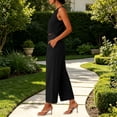 thumbnail image 5 of ClodeEU Women's Linen 2 Piece Outfit ,Sleeveless Crewneck Tank Top and Straight Leg Cropped Pants Set ,Casual Summer Office Wear Black,Women's Plus M, 5 of 9