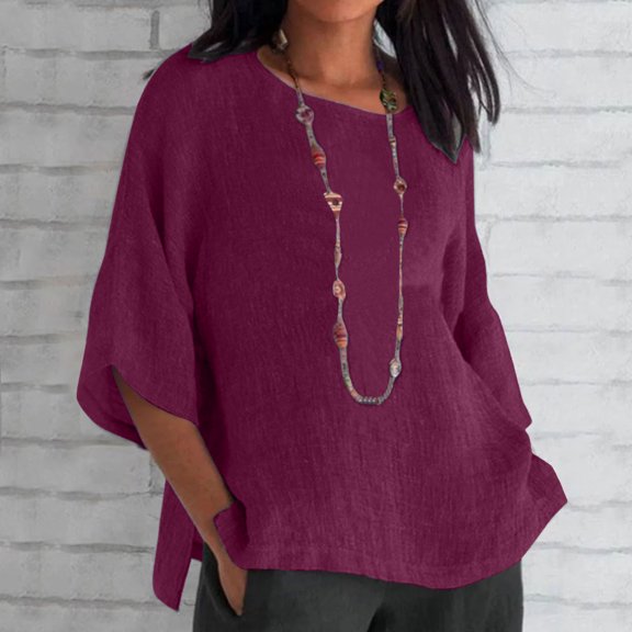 Idoravan Long Sleeve Shirts for Women Clearance Women's Ladies Fashion Cropped Sleeve Solid Cotton Loose Shirt Blouse Top