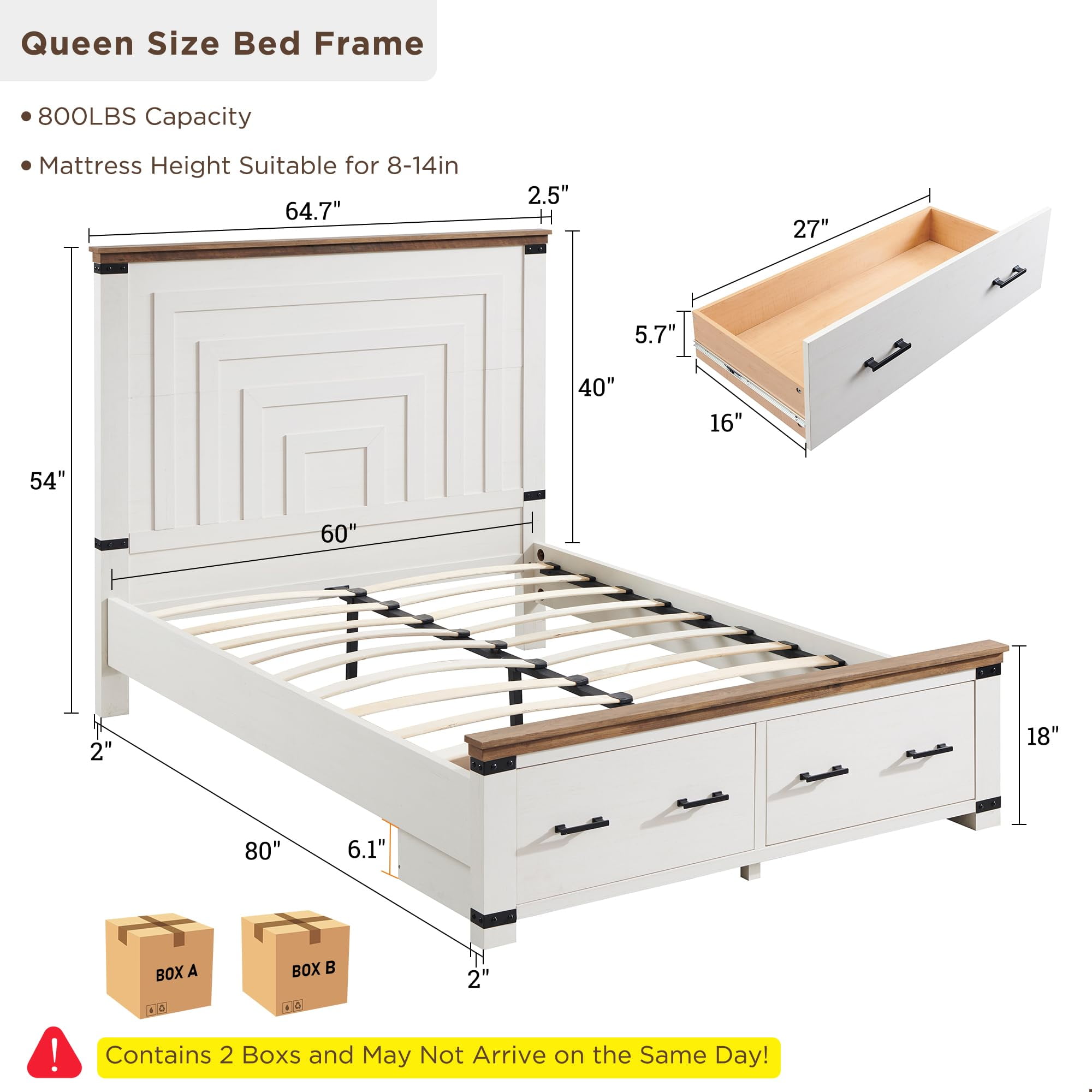 OKD Queen Size Bed Frame W/ 54" Tall Geometric Headboard, Farmhouse Wood Platform Bed W/ 2 Large Storage Drawers, No Box Spring Needed, Antique White
