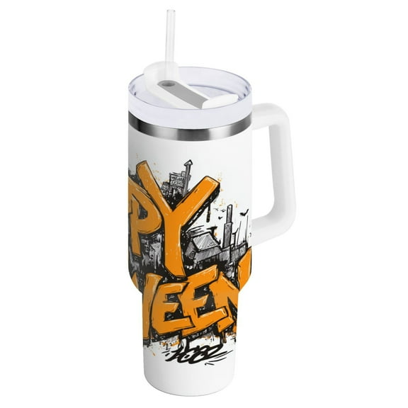 Stainless Steel Tumbler with Straw and Handle, Double Wall Insulated Tumblers, Orange Happy Halloween Font
