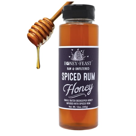 HONEY FEAST Spiced Rum Honey 12 oz | Flavored Gourmet Blend | Unique Foodie Gift | Alternative to Bourbon Sweetener | Great for Cooking & Baking