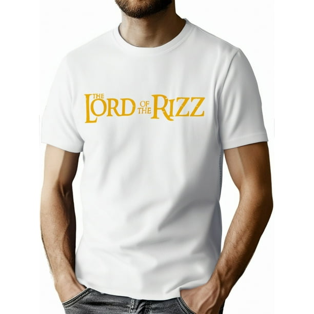 Camiseta gráfica de Lord of the Rizz, cuello redondo informal, tejido de punto ligeramente elástico, corte regular de verano, manga corta con diseño estampado para adultos, camisetas informales.