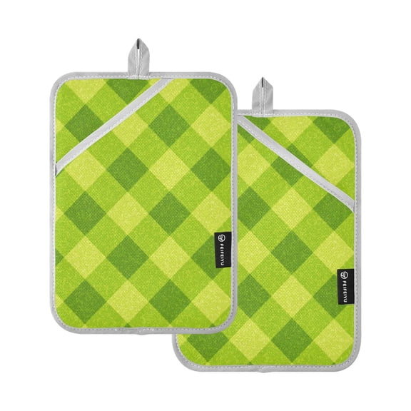 Green Grasslike Plaids Potholders Heat Resistant Pot Holder Set of 2 Oven Hot Pads with Pocket