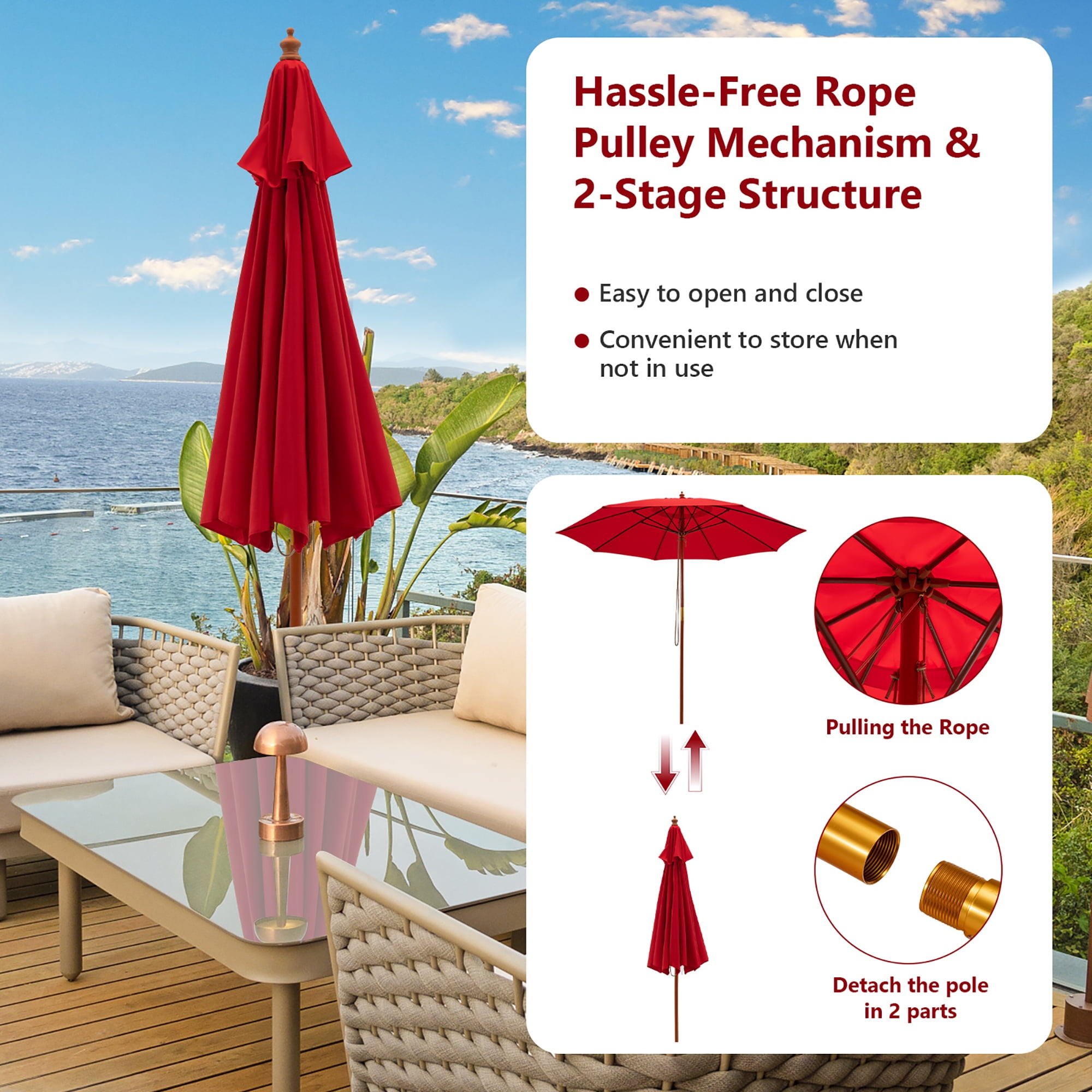 Costway 9.5 FT Patio Rope Pulley Wooden Umbrella Market w/Fiberglass Ribs  Outdoor Red