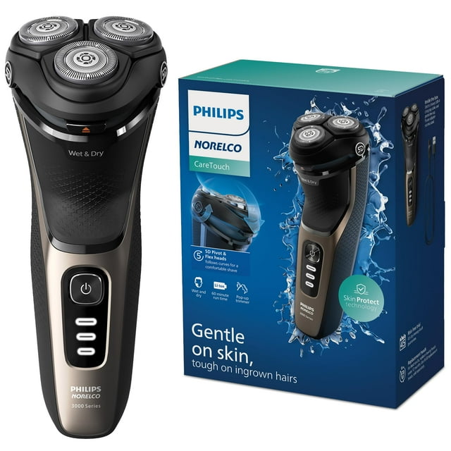 Philips Norelco CareTouch, afeitadora eléctrica recargable en seco y húmedo con recortador emergente para hombres calvos con piel y cuero cabelludo sensibles, S3242/90