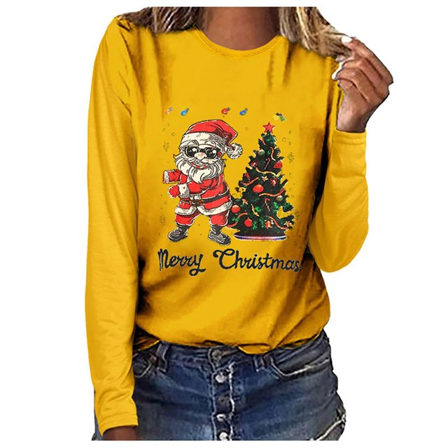Camisas Navideñas Para Mujer Tops de Manga Larga Árbol de Navidad Casual O-Cuello Sudadera Pullover Blusa Odeerbi ODB209781