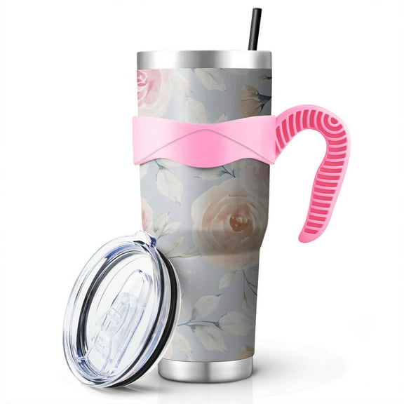 40 Oz Pink White Penony Flower Blossom Tumbler with Handle and Silicone Straws,Pioneer Double Wall Vacuum Insulated Stainless Steel Travel Mug Leak-Proof Coffee Cup on Screw Lid and Straw Pink