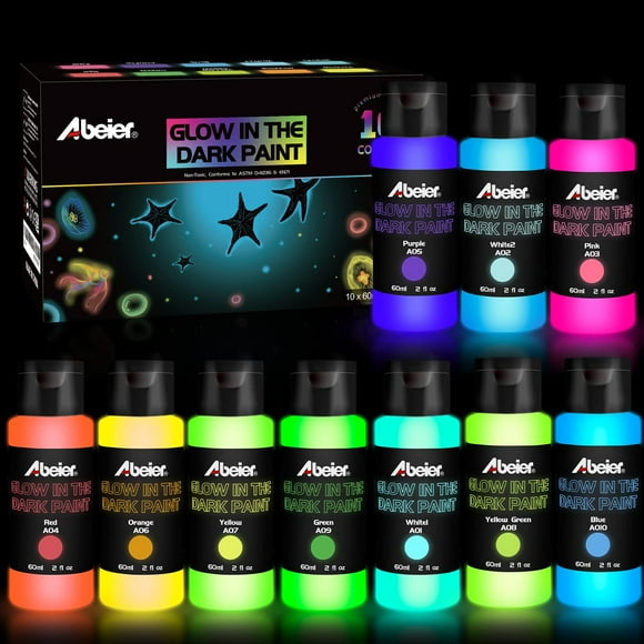 ABEIER Peinture Acrylique Phosphorescente, 10 Couleurs Vives (60ml/2oz) Peinture blacklight, Peinture Artisanale Néon, Longue Durée