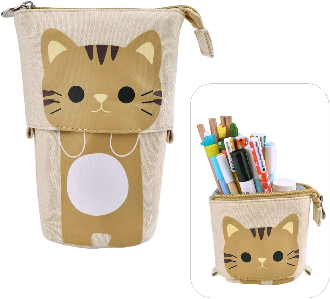 Canvas Cartoon Cute Cat Telescopic Pencil Pouch Bag Stationery Pen Case Box 