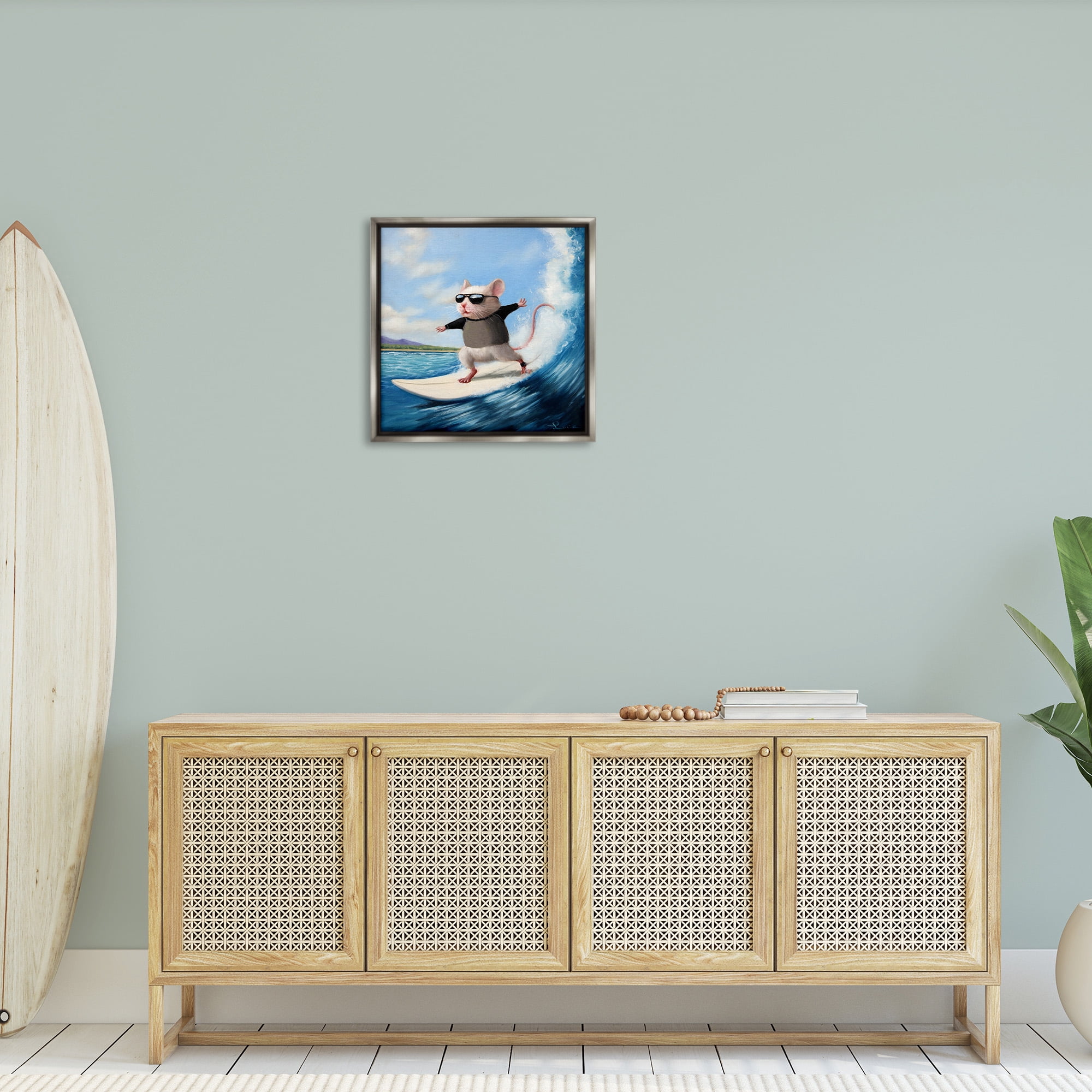 Stupell Industries Cool Surfer Mouse Blue Ocean Waves Animals & Insects Painting Gray Floater Framed Canvas Art Print Wall Art, 25 x 25