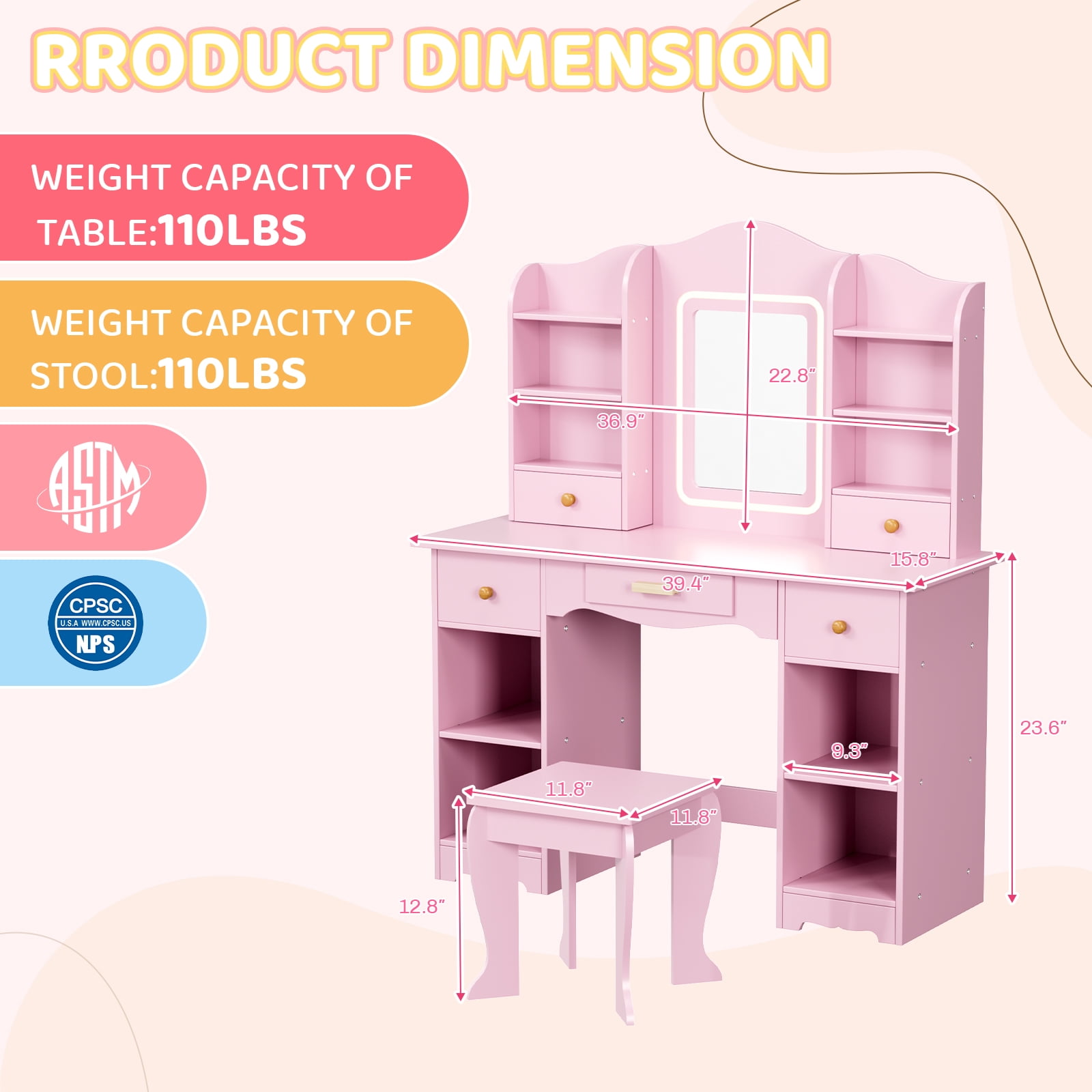 Pirecart Kids Vanity Set, Children Dressing Table and Chair with Mirror Drawer, 3 Color Lights, Large Storage, Detachable Shelf, Pink