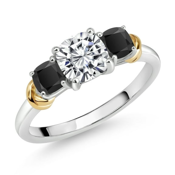 Gem Stone King 1.56 Cttw IGI Certified Lab Grown Diamond and Onyx Ring for Women in 925 Sterling Silver and 10K Yellow Gold | Center 1 Ct Diamond | D-E Color | VS1-VS2 Clarity | Available in Size 5-9