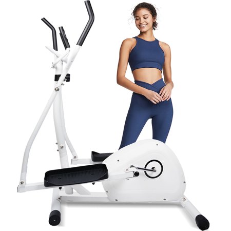 Magnetic Elliptical Machine, Cross Trainer with 8 Resistance Levels, Elliptical Trainer with Pulse Rate Grips, Multi-Function LCD Monitor, White