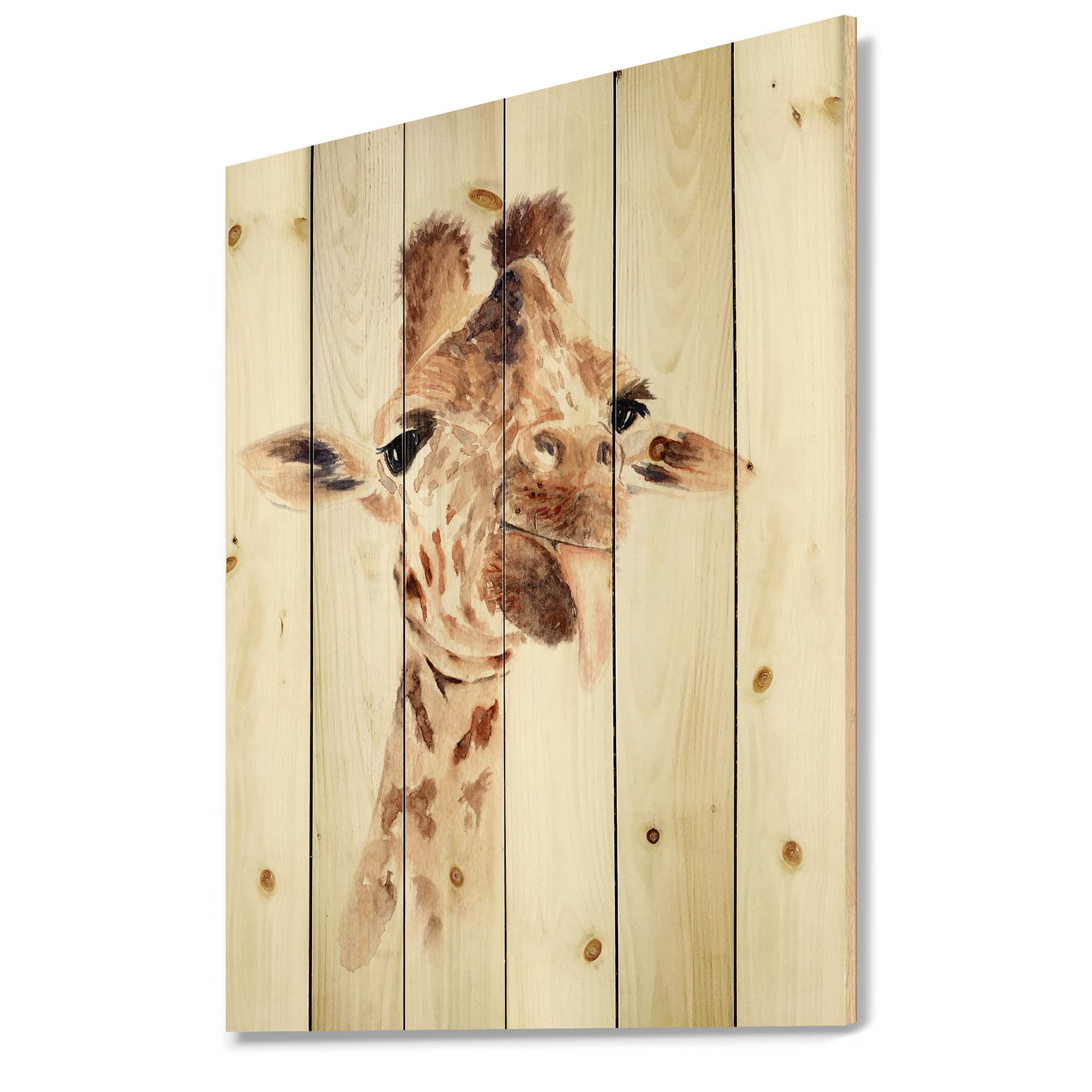 Designart 'Close Up Portrait of A Giraffe X' Farmhouse Print on Natural Pine Wood