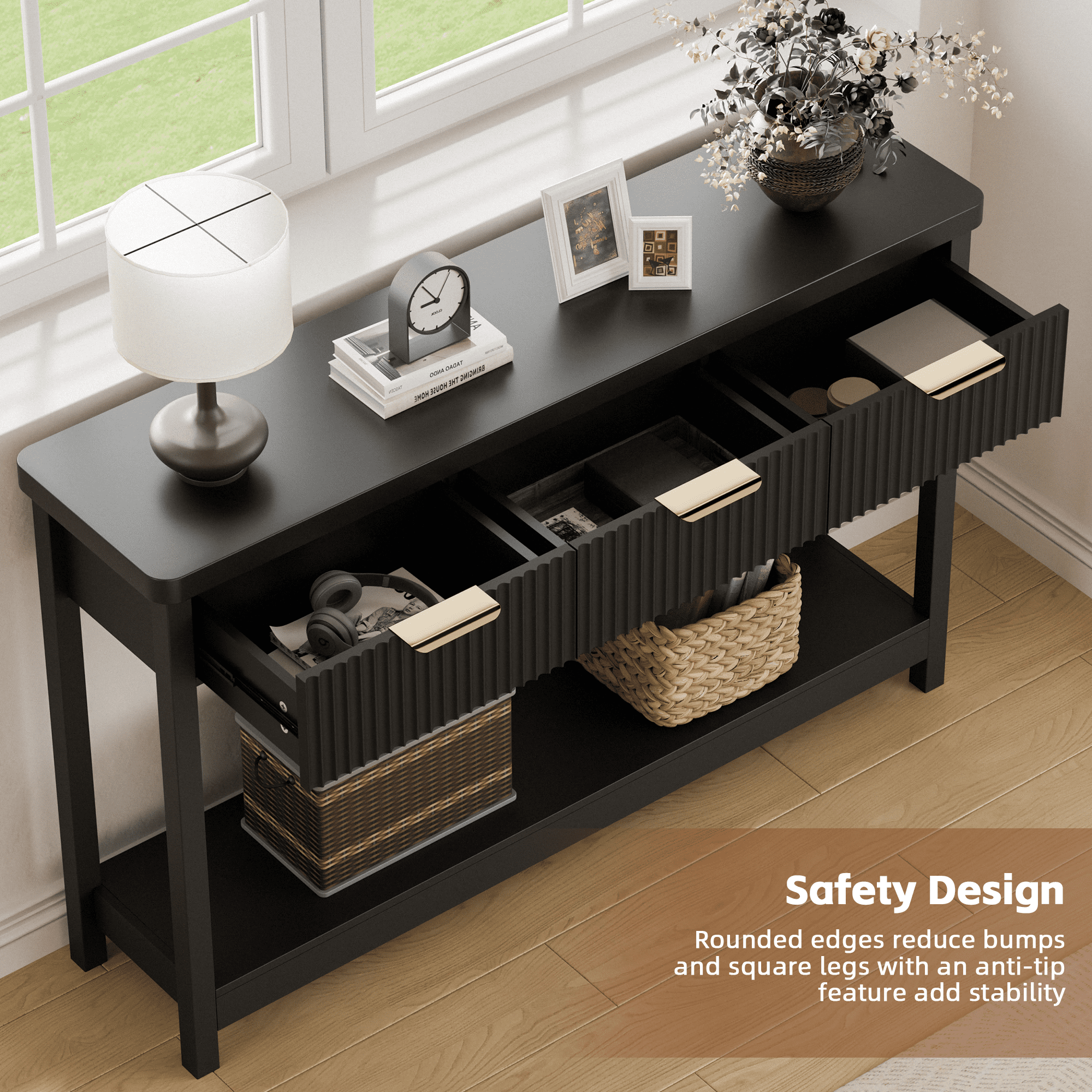 Laintene Console Table for Entryway, 51" Fluted Sofa Table with 3 Drawers and Open Shelf, Modern Narrow Display Shelf for Hallway Living Room, Black Set of 2